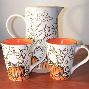 InHomestylez Ceramic Fall Pumpkin Pitcher & 2 Mug set New Autumn Harvest